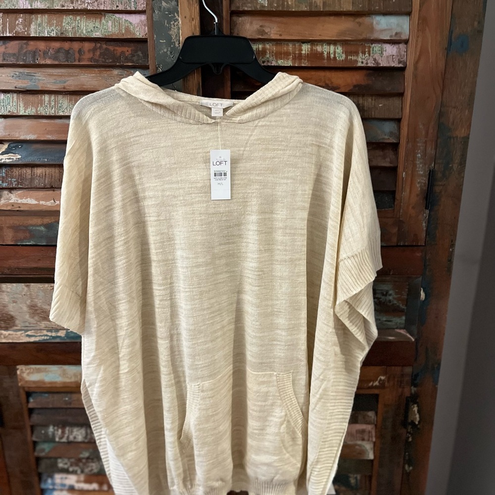 NWT Ann Taylor LOFT Poncho Hoodie Sweater Pullover Size M/L Cream Tan Ho…